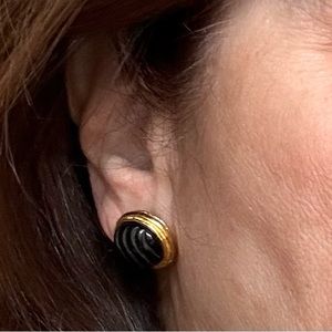 Black onyx carved button earrings